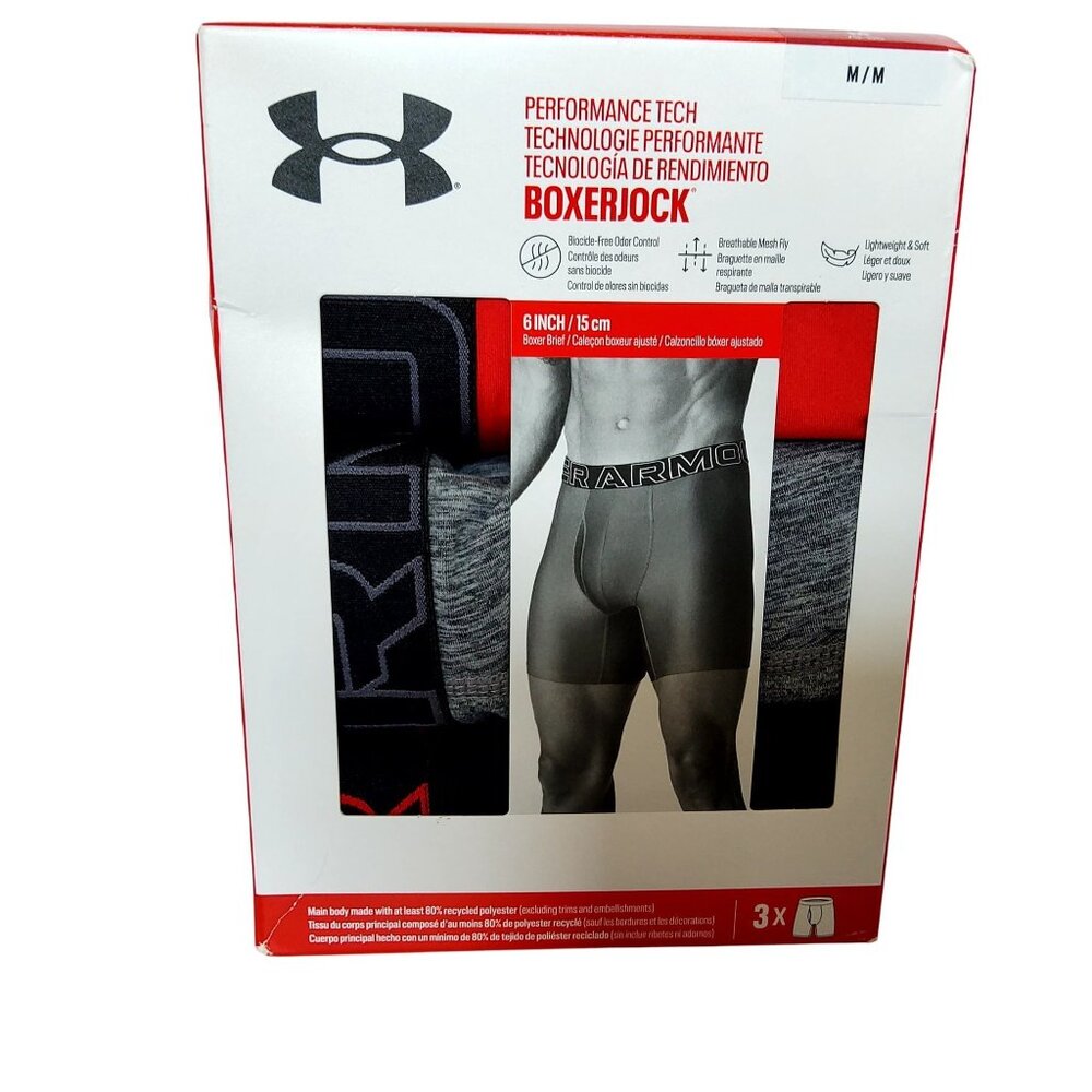 Under Armour Mens Performance Tech Boxerjock 3-Pack Red & Black Size Medium - Picture 1 of 5